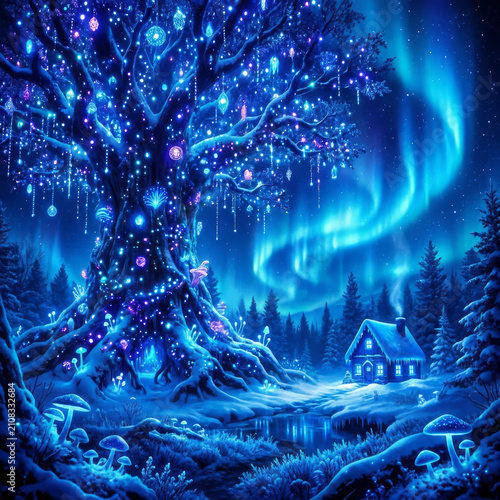 Enchanted Christmas tree glowing in the heart of the forest under the blue aurora, with the tree lit up and a small charming house in the background