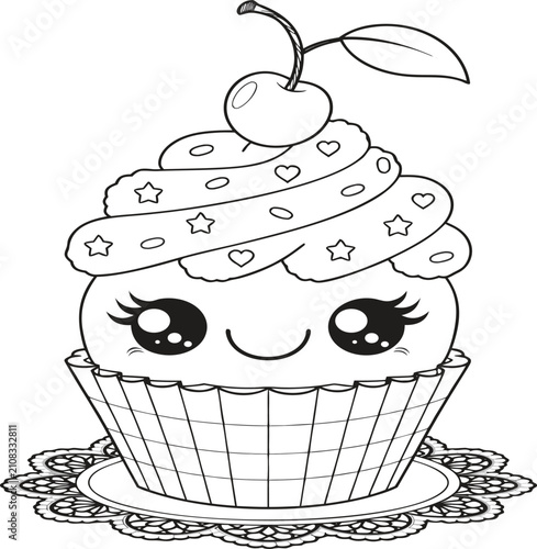 Cute Kawaii Cupcake Coloring Page | Smiling Cupcake with Cherry | Black and White Line Art