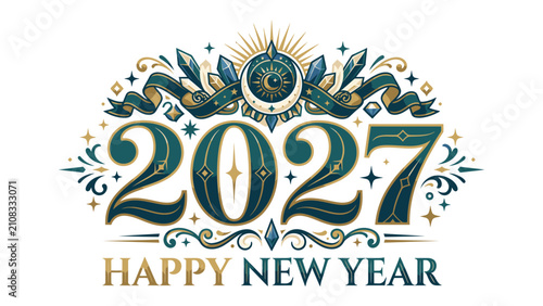 Foto Happy New Year 2027: An ornate and festive New Year's graphic featuring the year 2027 in a stylized font, adorned with celestial motifs, jewels, and ribbons