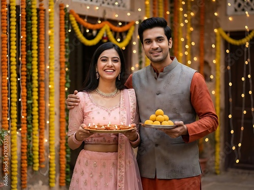 Happy indian couple celebrating diwali festival with diyas and sweets
