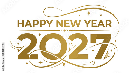 Foto Happy New Year 2027 Greeting: A festive and elegant graphic design announces Happy New Year 2027 with golden lettering, decorative swirls, and sparkling stars