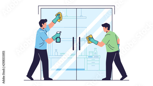 Fotografie Cleaning Service: Two professionals, equipped with cleaning supplies and protective gloves, meticulously clean a large glass door, ensuring a spotless and hygienic environment