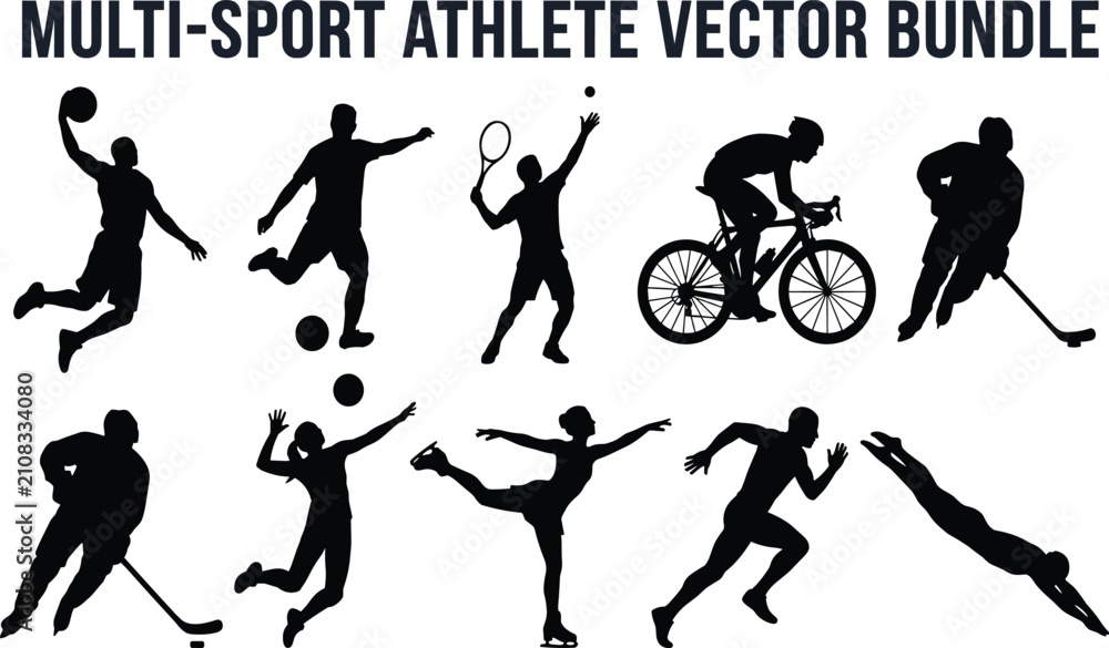 Obraz premium Dynamic Sports Silhouette Icons Featuring Athletes in Basketball, Soccer, Tennis, Cycling, Hockey, Volleyball, Running, and Swimming