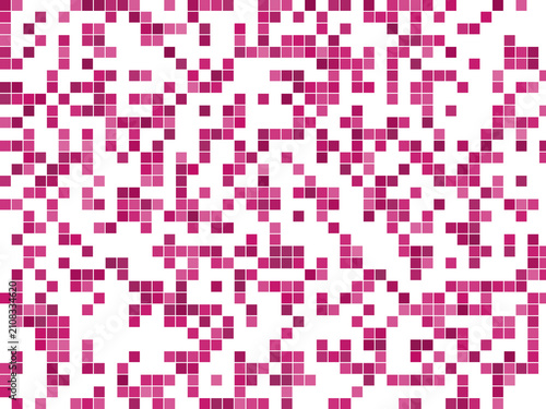 Abstract background with magenta pixel squares and digital pattern. Abstract background featuring pink mosaic blocks and geometric grid texture.