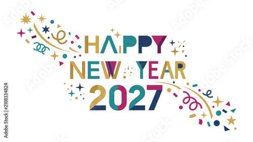 Foto Happy New Year 2027 Celebration: A festive and colorful design celebrating the arrival of the New Year 2027, adorned with confetti, stars, and streamers