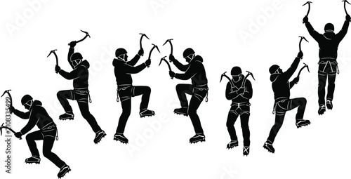 Foto Ice, climbing, silhouettes, collection, including, mountaineers, with, axes, cra