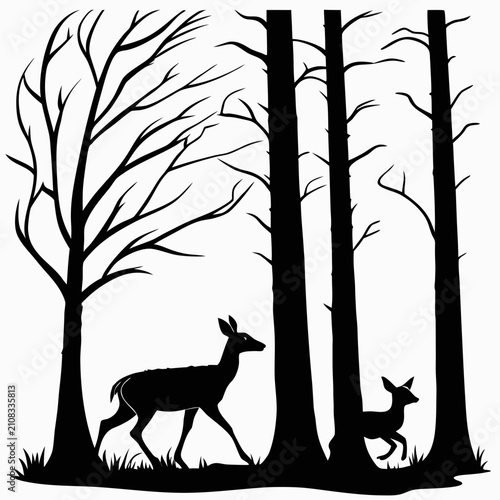 Canvas Print Silhouette illustration of a deer and fawn standing in a forest clearing with na