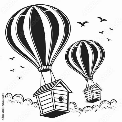Foto Black and white graphic of tiny houses floating in the sky attached to hot air b