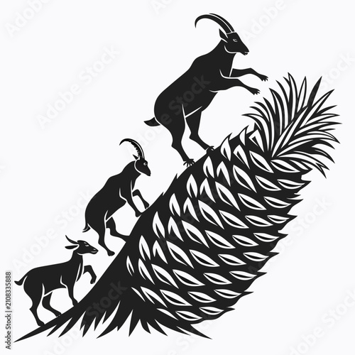 Fotografie Silhouette graphic of mountain goats climbing a large pine cone with mountain cl