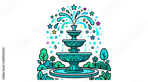 Colorful illustration of fountain with stars.