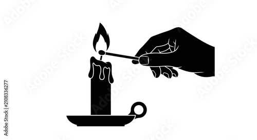 A hand lighting a candle with a match in a black silhouette flame wax holder ignition illumination