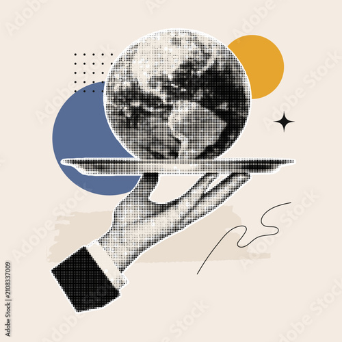 Abstract sustainability collage with hand serving Earth on a tray, halftone texture and geometric shapes. Modern environmental responsibility, global business and ecology concept.