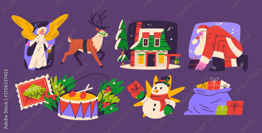 Obraz premium Retro Christmas elements set with Santa Claus, angel, snowman, reindeer and holiday gifts