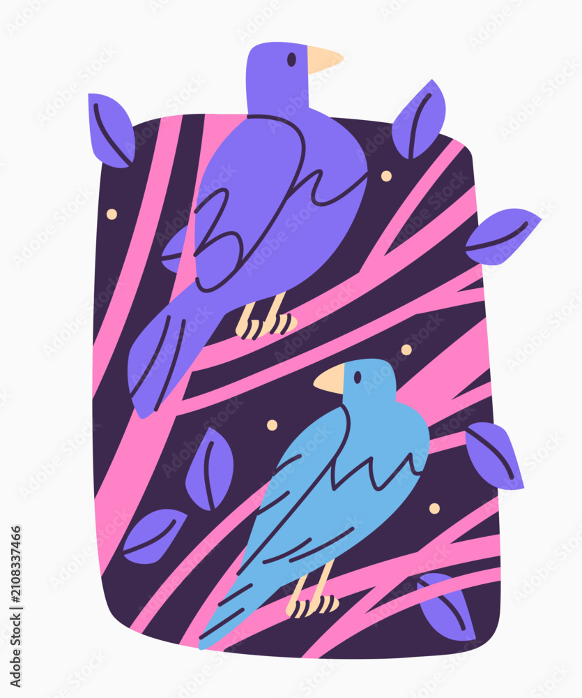 Obraz premium Two crows sitting on tree branches. Halloween flat retro vector illustration