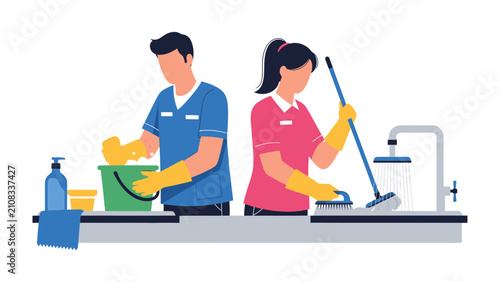 Bild auf Leinwand Professional Cleaning Service: A dedicated team of cleaners, equipped with gloves and cleaning supplies, meticulously maintain a spotless environment, showcasing a commitment to hygiene and order