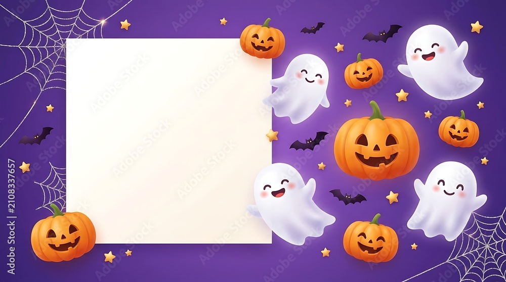 Fototapeta premium Cute cartoon halloween frame with ghosts and pumpkins on purple star background