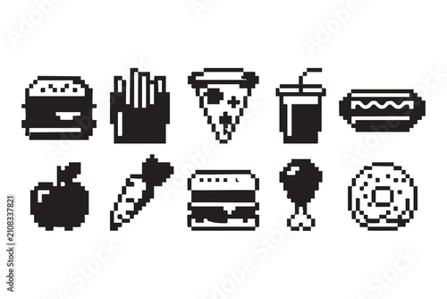 Classic Arcade Style Food Icon Pack with Fast Food and Fruit