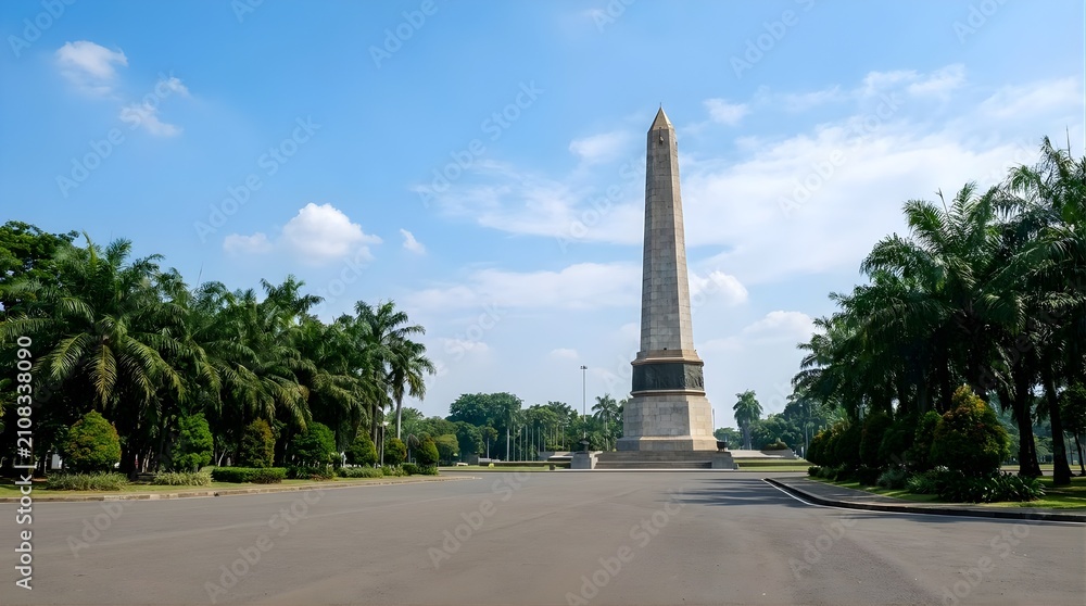 Fototapeta premium National Monument Monas in Jakarta Indonesia under clear blue sky with palm trees on pathway.