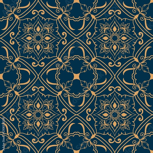 Luxury Seamless Ornamental Geometric Pattern in Gold and Deep Blue
