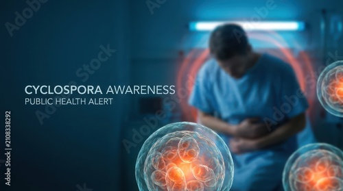 Cyclospora awareness public health alert, patient with stomach pain, microscopic view of parasite.