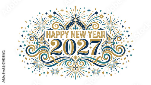 Photography Happy New Year 2027 Fireworks Design: An elegant and festive New Year's Eve design for 2027, featuring Happy New Year text, the year 2027, surrounded by ornate swirls, starbursts