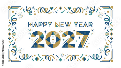 Fotografía Happy New Year 2027 Celebration Graphic: A festive and ornate design proclaiming Happy New Year 2027 with abstract geometric patterns, confetti, and swirling ribbons