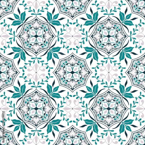Elegant Seamless Floral Geometric Pattern with Teal Leaves and Ornamental Medallions