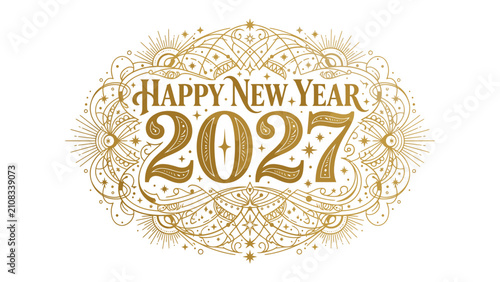Canvastavla Golden Year Awaits: Celebrate the arrival of the new year with this ornate, artistic design proclaiming Happy New Year 2027 in elegant golden script, set against a clean backdrop