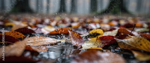 Raindrops Splashing on Colorful Autumn Leaves in a Serene Landscape During a Rainy Day of Fall Season