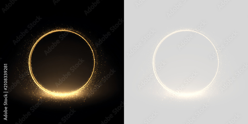 Obraz premium Glowing golden circular frame with sparkling glitter dust. Luxurious shiny light ring on black and transparent backgrounds. Copy space for text