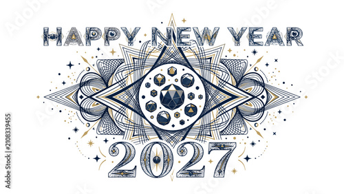 Cuadro en lienzo New Year's Eve 2027 Celebration: Intricate geometric design with stars and bokeh effect, celebrating the arrival of the New Year 2027 with artistic flair and festive spirit