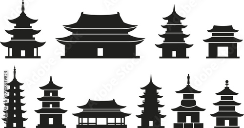 Konstfotografi Japanese pagoda silhouettes, traditional asian temple collection, oriental archi