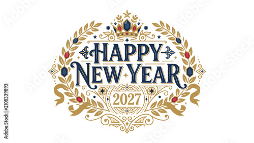 Happy New Year 2027 Emblem: A decorative emblem celebrating the New Year of 2027, featuring ornate typography, laurel wreaths, and a royal crown, symbolizing prosperity and a fresh beginning.