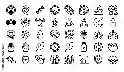 Longevity Line Icon Set Editable Stroke Pixel Perfect Vector Collection