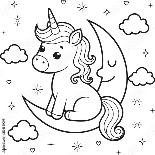 Cute Unicorn Coloring Page | Kawaii Baby Unicorn on Moon | Black and White Line Art for Kids
