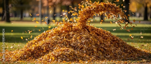 Vibrant Autumn Leaf Pile in Sunny Park with Colorful Leaves Floating and Blowing in the Air During Fall Season Enjoyment and Outdoor Fun