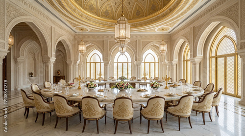 Luxurious Grand Dining Room with Elegant Oval Table and Ornate Gold Dome Ceiling