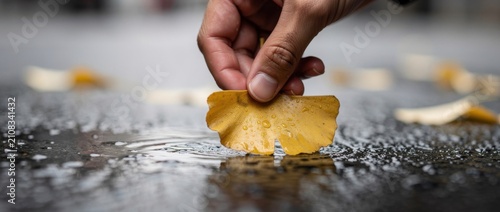 Hand Reaching for Yellow Flower Petal on Wet Surface with Rainwater Drops and Other Petals Creating a Tranquil Natural Scene in Urban Environment