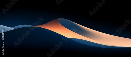Abstract digital featuring smooth flowing waves in shades of deep blue, dark grey, and warm orange light glow