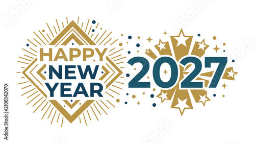 Canvas Print Happy New Year 2027 Greeting: A festive graphic design featuring the text Happy New Year 2027 surrounded by celebratory elements like starbursts, confetti, and a diamond shape