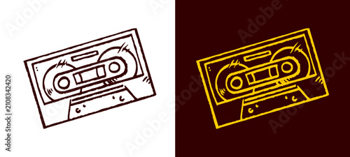 Cassette tape doodle illustration showcases hand drawn retro audio tape cassettes. Classic vintage sound element for modern music festival poster t-shirt print design layout clip art.