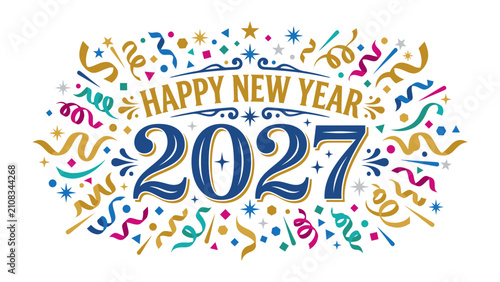 Принти на полотні Happy New Year 2027 Celebration: A vibrant graphic design featuring the year 2027 prominently displayed amidst a festive explosion of confetti, streamers, and stars, wishing a joyful new year