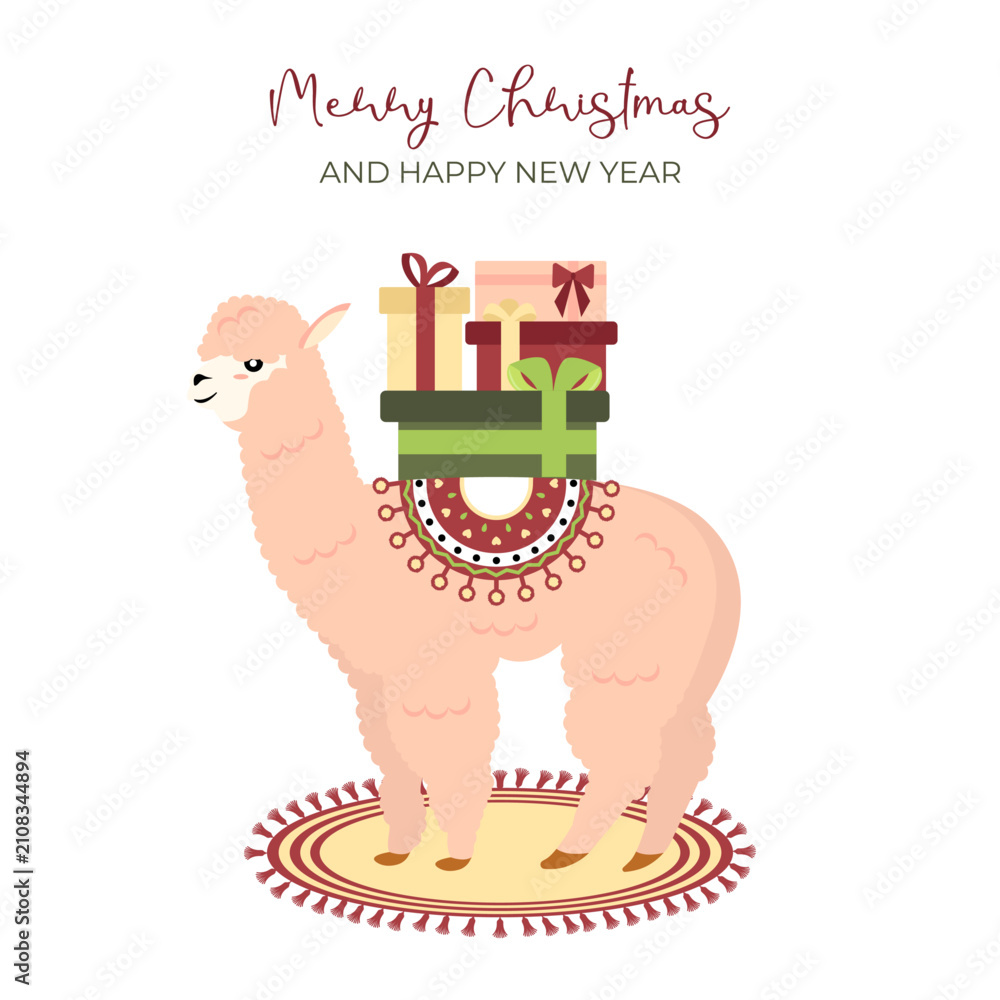 Fototapeta premium Cute Alpaca Christmas Greeting card. Perfect for holiday cards, seasonal greetings, and cheerful winter compositions.