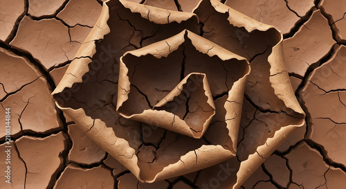 Climate Change Concept of Dry Cracked Earth in Rose Shape, Global Warming Impact and Water Scarcity Background for Environmental Awareness