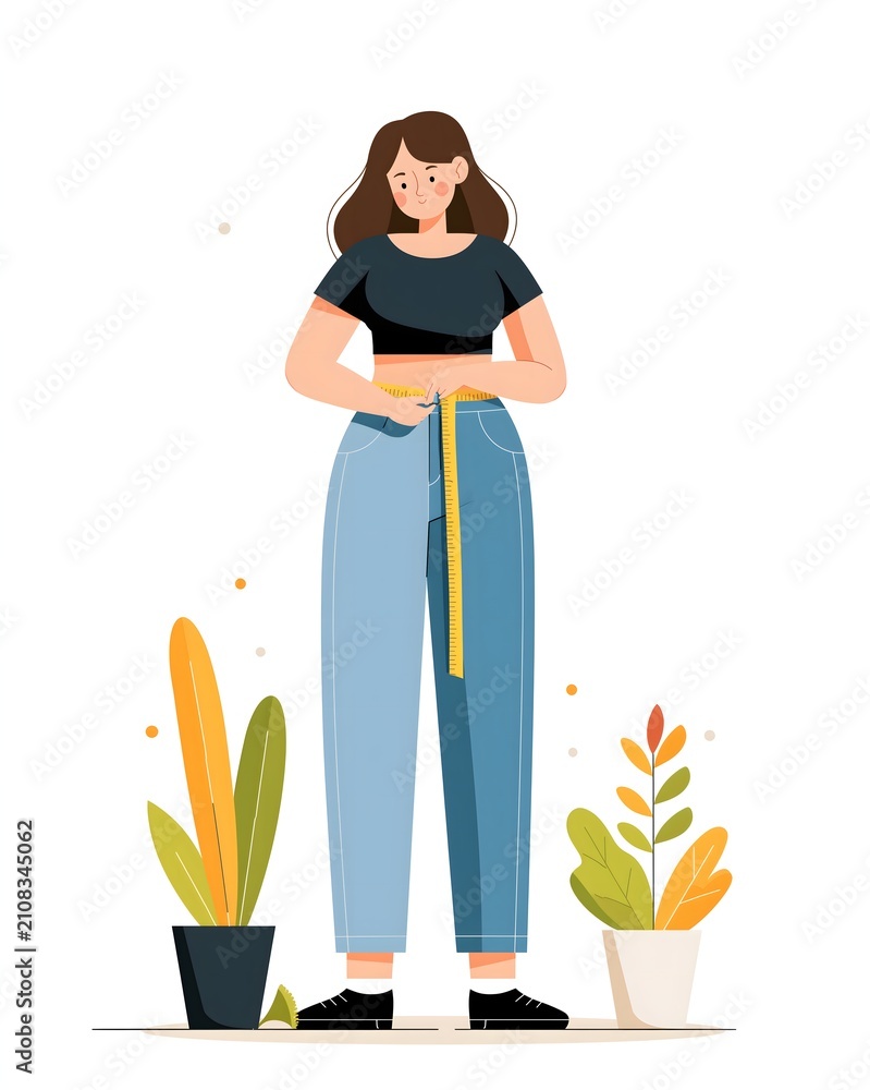 Fototapeta premium modern flat vector illustration of woman measuring waist with tape measure, healthy weight management concept, clean editorial vector style