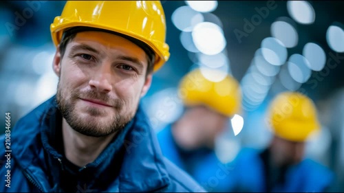 Portrait of a mature industrial worker in a safety helmet and uniform inside a factory, conveying experience, reliability, and skilled labor