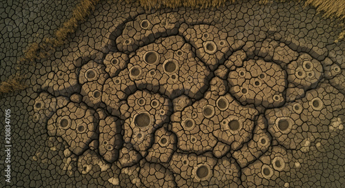 Aerial View of Dry Cracked Earth Representing Global Warming, Drought Impact, and Environmental Climate Change Crisis
