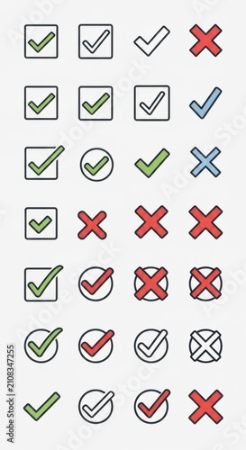 Colorful Checkmark and Cross Icon Collection.
