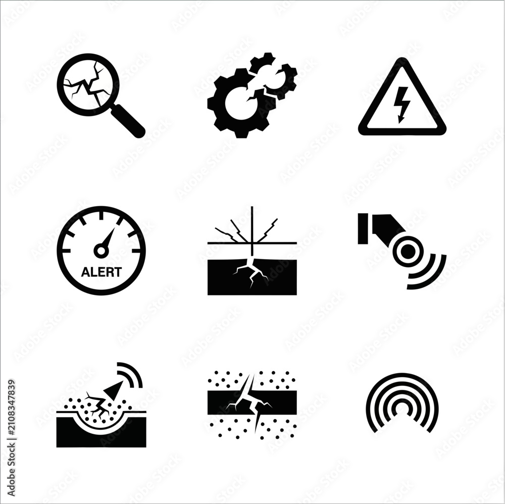 Fototapeta premium Set of icons for industrial inspection, damage detection, and alert systems