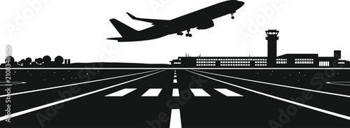 Fotografía Airplane Takeoff from Airport Runway Silhouette Vector Illustration